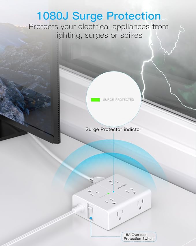 Surge Protector Power Strip, 6 Ft Flat Plug Extension Cord with 8 Outlets 4 USB Ports (2 USB C), 1080J Multi Plug Outlet Extender, Wall Mount Desk USB Charging Station for Home Office Dorm Essentials
