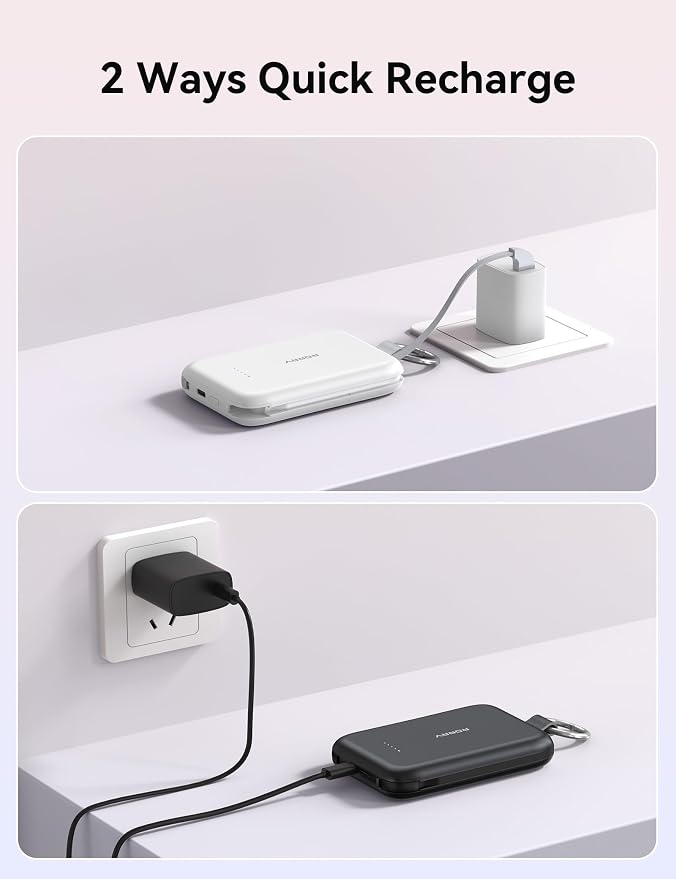 RORRY Portable Charger, 10000mAh PD 30W Fast Charging Portable Charger Power Bank with Built-in Cables, Travel Keychain Charger Battery Pack for iPhone 17/16/15/14/13/12, for AirPods 2/3/4/Pro, Black