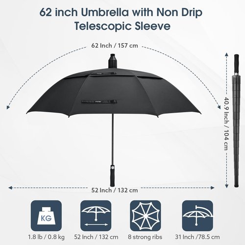 G4Free 62 Inch Umbrella with Telescopic Sleeve Waterproof Large Golf Windproof Rain Umbrellas Non-Drip Oversize Stick Umbrella Heavy Duty Men Transparent Cover（Black）