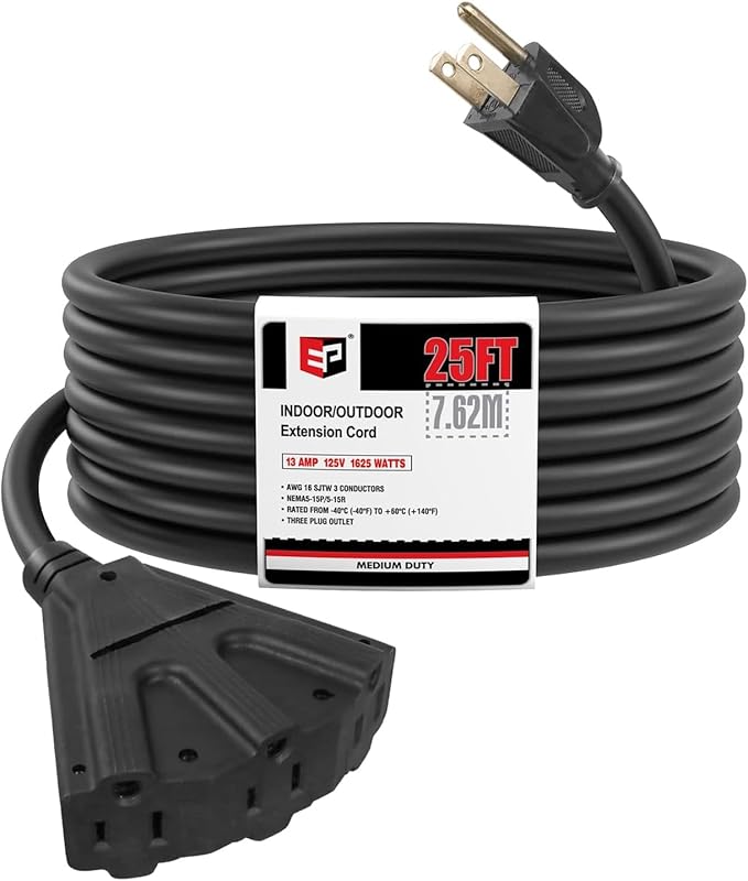 EP 25 Ft Outdoor Extension Cord with 3 Electrical Power Outlets - 16/3 SJTW Black Cable with 3 Prong Grounded Plug for Safety Great for Christmas Lights, Garden and Major Appliances