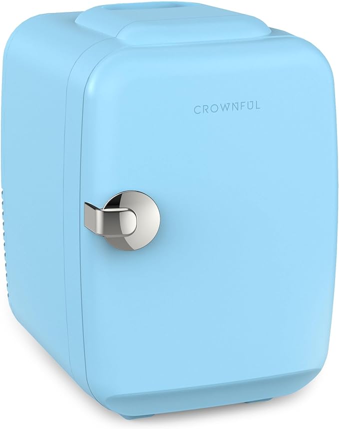 CROWNFUL Mini Fridge, 4 Liter/6 Can Portable Cooler and Warmer Personal Fridge for Skin Care, Cosmetics, Food,Great for Bedroom, Office, Car, Dorm, ETL Listed (Blue)