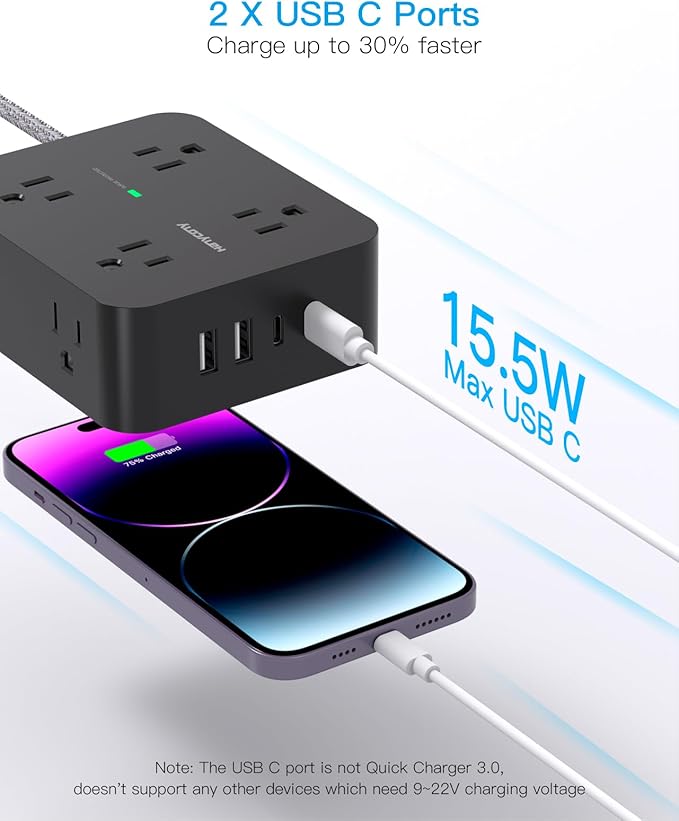 Extension Cord 6 Ft, HANYCONY Surge Protector Power Strip Long Cord 8 Outlets 4 USB Ports(2 USB C), Wall Mount, 1080J Surge Protection, Desk Charging Station for for Home Office Dorm Room Essentials