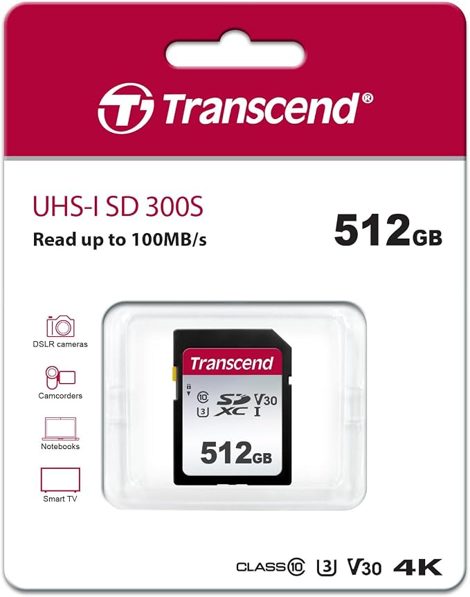 Transcend 512GB SDXC Memory Card, UHS-I U3 V30, 4K UHD & Full HD, Class 10
