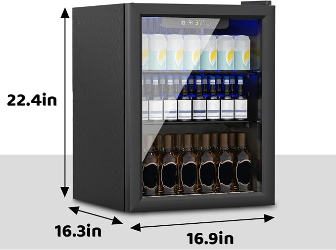 Compact 70 Can/1.7Cu.Ft Mini Fridge, Reversible Glass Front Door | For Soda, Beer or Wine, Portable Small Beverage Refrigerator with Digital Display & Removable Shelves for Office, Dorm, Bar