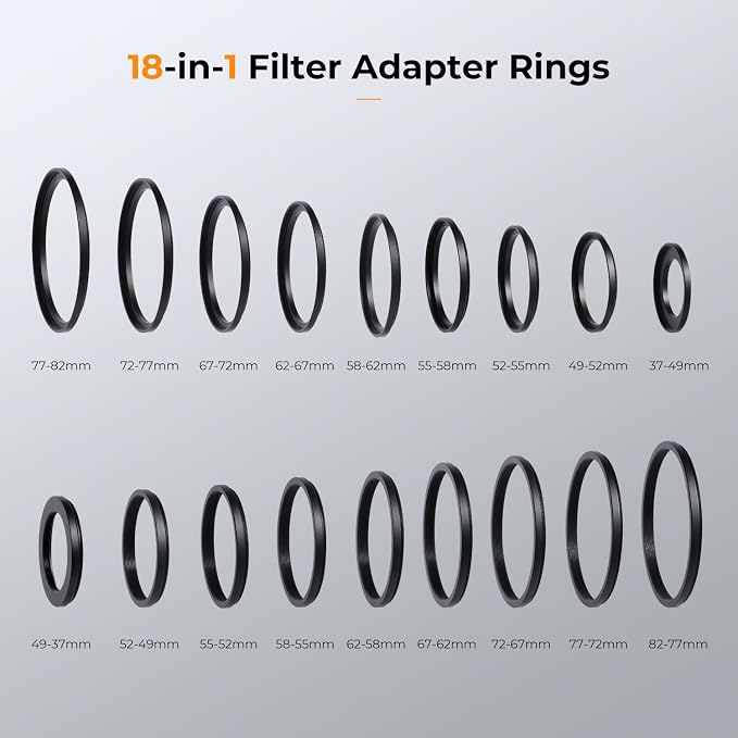 K&F CONCEPT 18 Pieces Filter Ring Adapter Set, Camera Lens Filter Metal