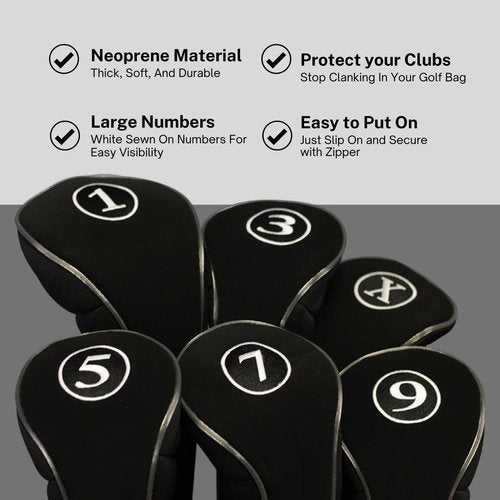 Black Golf Zipper Head Covers Driver 1 3 5 7 9 X Fairway Woods Headcovers Metal Neoprene Traditional Plain Protective Covers Fits All Fairway Clubs