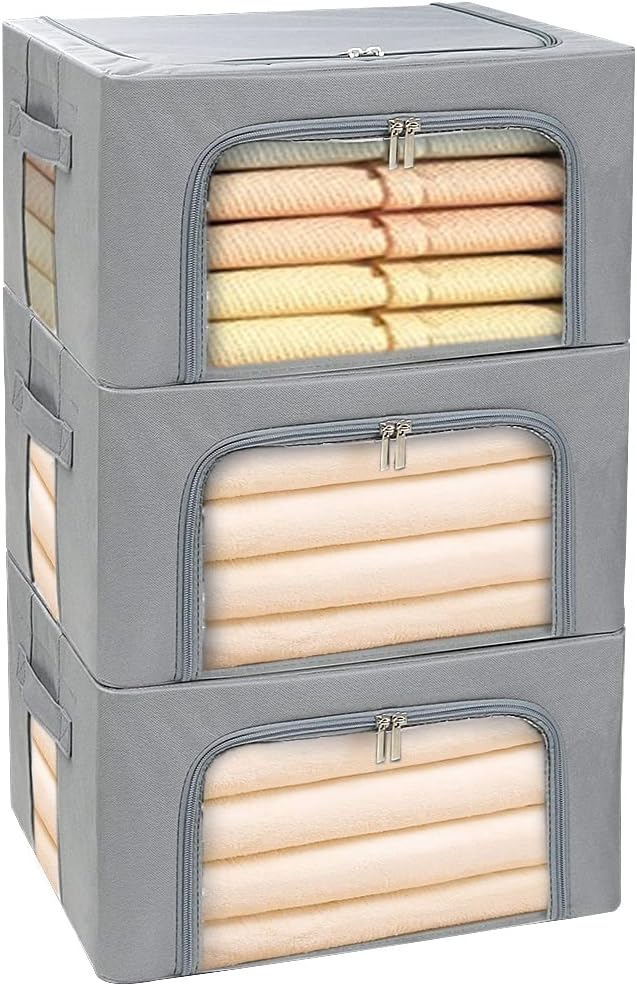 Clothes Storage Box Bins Stackable Foldable Organizer,Sturdy Handles with Metal Frame for Clothing Bedding Shelves,Closet Container with Clear Window Zipper and Label Holder (Gray, 22L x3 Pack)