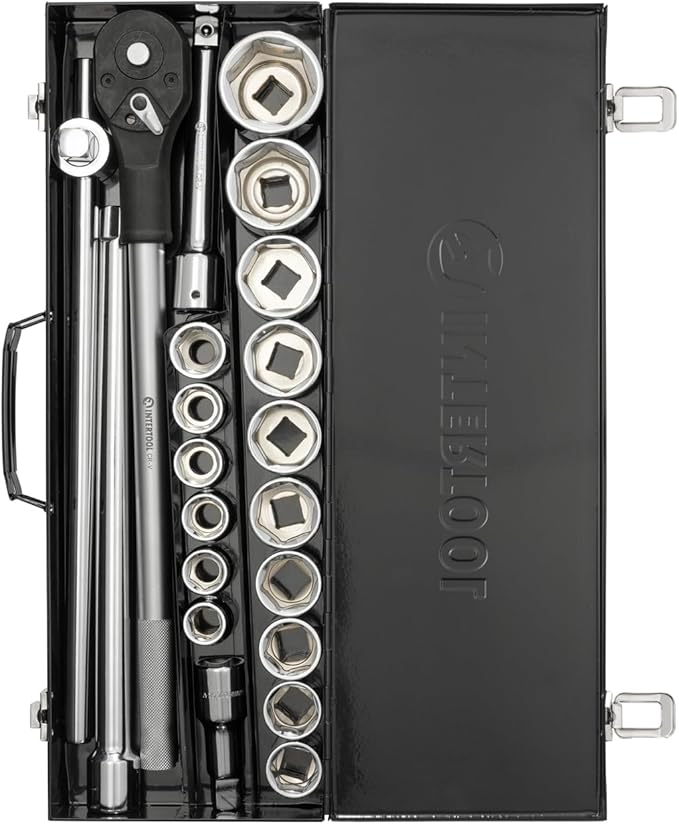 INTERTOOL 3/4-inch Drive Metric Jumbo Socket Set, 19-50 mm, 21-Piece, Quick Release Ratchet, Extensions, Sliding Bar, Metal Case, Remove Lug Nuts, Cars, Trucks, RVs, Heavy Duty Vehicles, ET08-8321