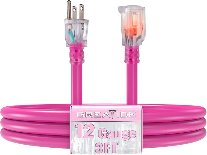 Indoor Extension Cord with Lighted End, 12 Gauge Heavy Duty 3 FT, 3 Prong Grounded 15 Amp Extension Cord, 12/3 SJTW Power Cord for Garage, Garden, Appliance, UL Listed, Pink