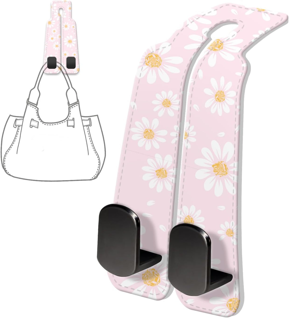 PU Leather Car Seat Hook, Storage Headrest Hanger, Cute Car Backseat Organizer, Car Hooks For Purses and Bags Cute Pink Daisy