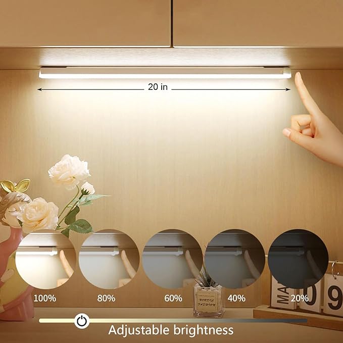 Under Cabinet Lighting 20 Inch, Rechargeable Motion Sensor Light with Stepless Dimming, Daylight White 6000K LED, USB-C Magnetic Closet Light for Kitchen, Stairs, Wardrobe (2 Packs)