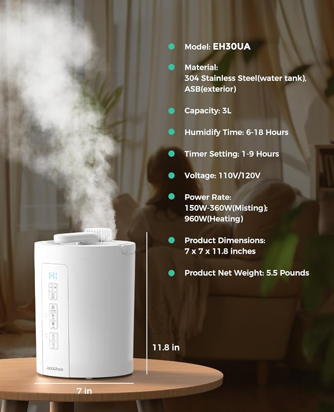 3L Stainless Steel Humidifier for Bedroom, Warm Mist Humidifiers Easy Clean, Steam Humidifier for Living Room, Whisper-Quiet and Filterless, with Sleep Mode and Timer, Auto-off Setting