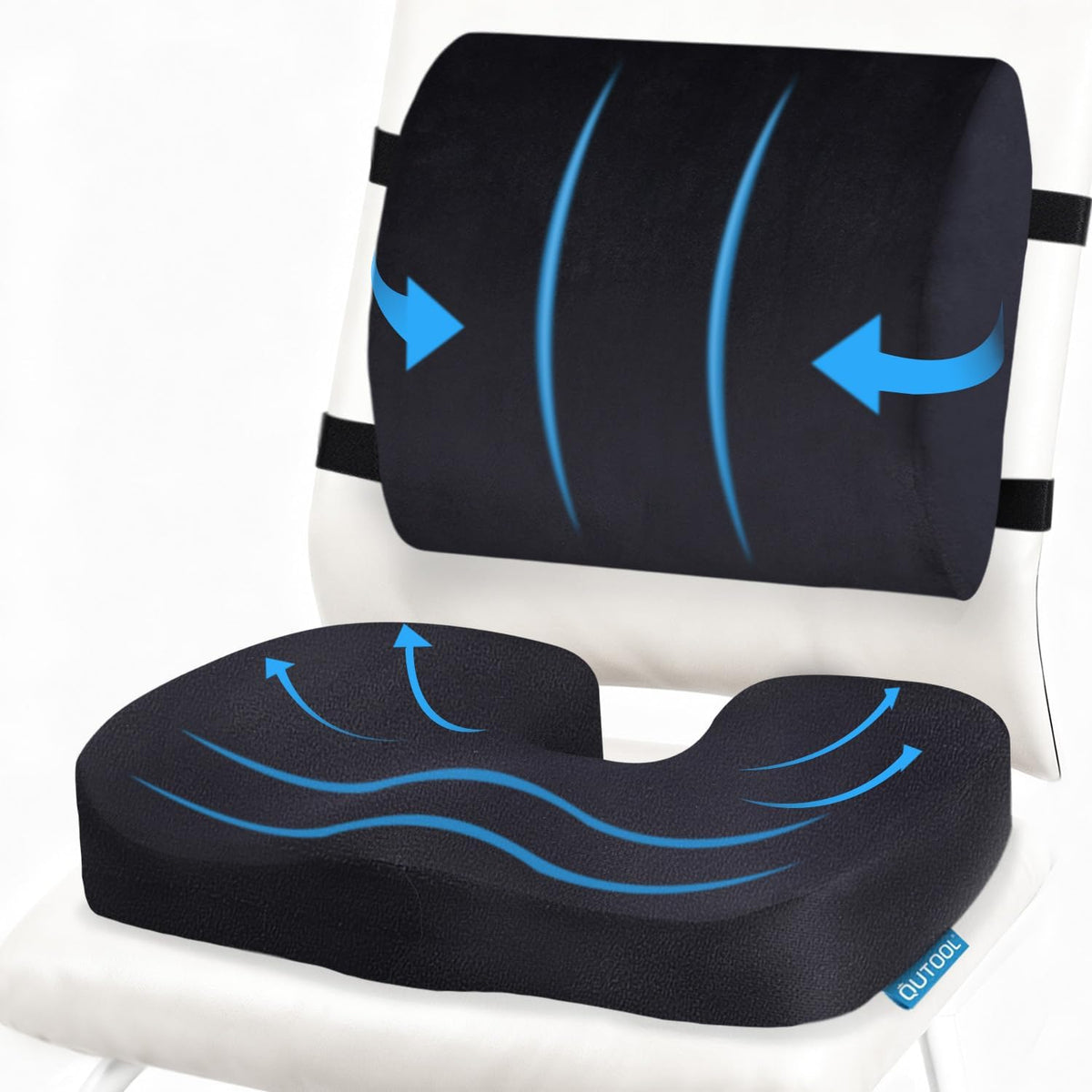 QUTOOL Seat Cushion and Lumbar Support Set for Office Chair – Supports Lower Back & Hips for Long Sitting Comfort, Helps Maintain a Comfortable Sitting Position, Ergonomic Memory Foam, Washable Cover