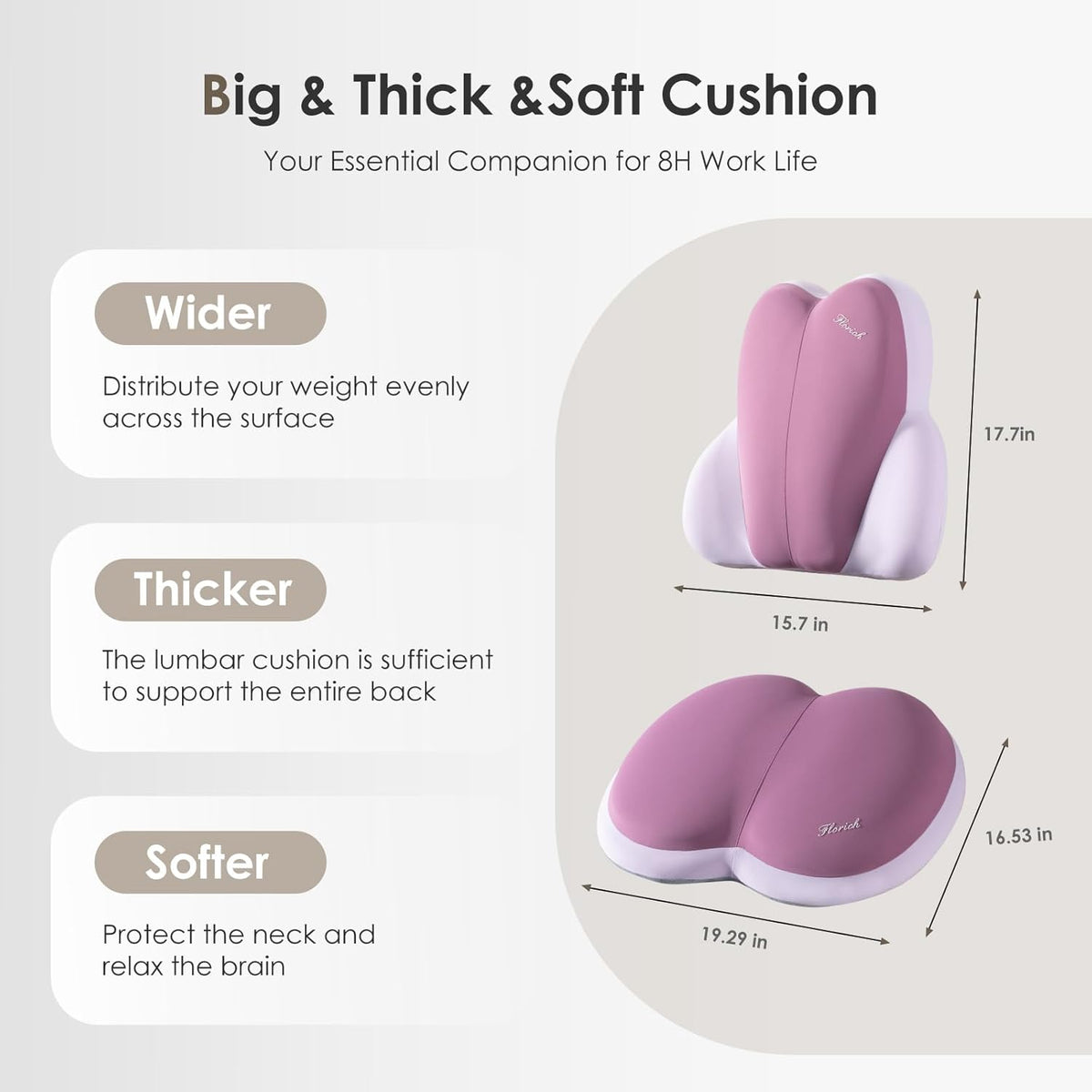 FLORICH Car Seat Cushion and Back Support for Car Ultrathick Memory Foam Office Chair Cushions with Lumbar Support Pillow for Sciatica & Back & Tailbone Pain Relief (Purple)