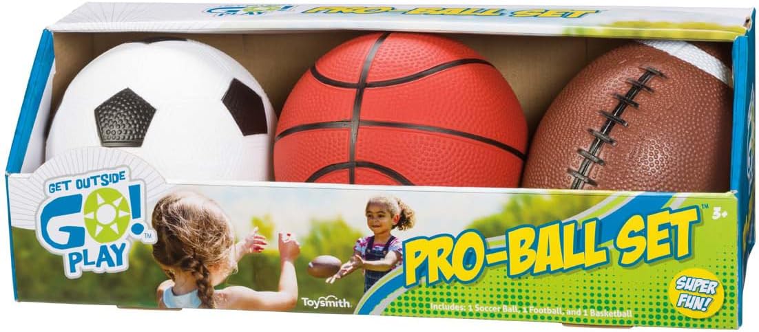 Toysmith Pro-Ball Set | 3-Pack Toddler Sports Balls for Ages 3+ – 5" Soccer, 6.5" Football & 5" Basketball – Perfect for Indoor & Outdoor Play