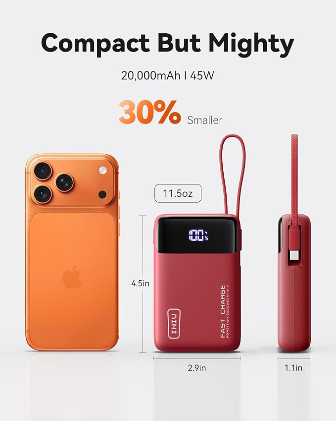 INIU 20000mAh Power Bank, Small Portable Charger, 45W PD Fast Charging Battery Pack with Build in USB-C Cable, Travel Phone Charger for iPhone 17 16 15 14 Air Samsung S25 S24 Google iPad Xiaomi, Red