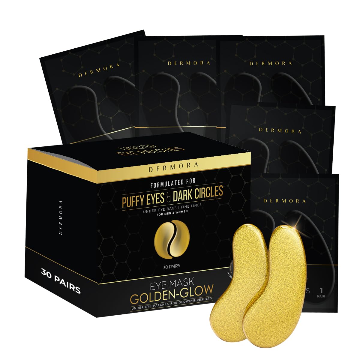 Dermora Golden Glow Under Eye Patches (30 Pairs Eye Gels) - Rejuvenating Treatment For Dark Circles, Puffy Eyes, Refreshing, Rev