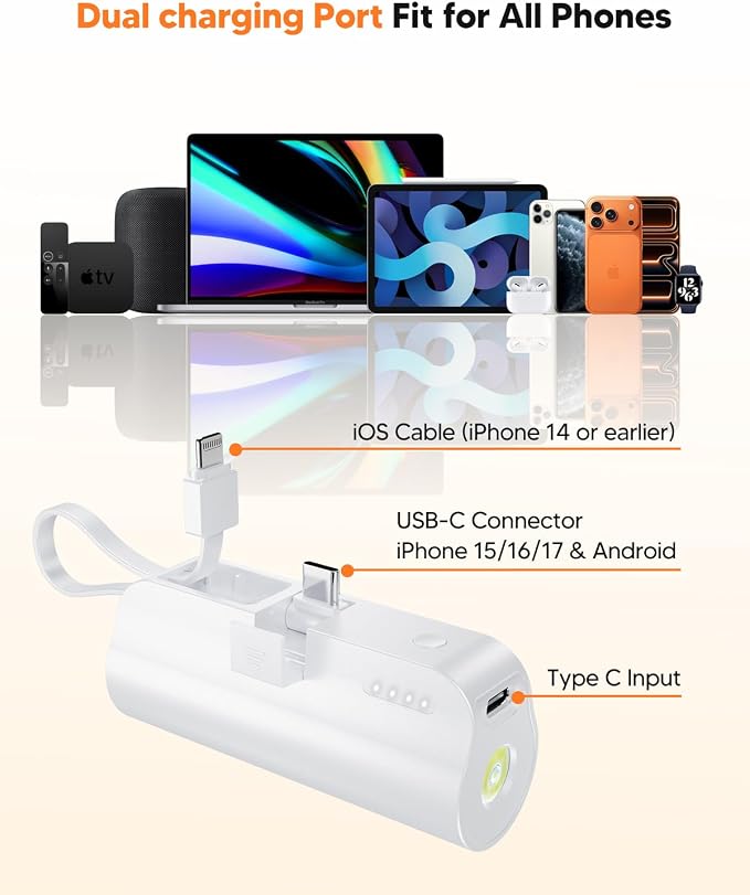 5000mAh Mini Portable Charger with Built-in Type C Connector & Cables,5V 2.4A USB-C Small Power Bank,2 Output Flashlight External Battery Pack Compatible with iPhone 17-12 Pro Galaxy,iPad (White)