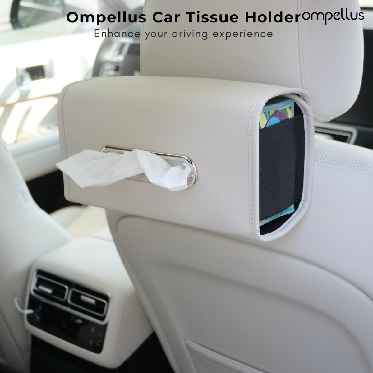 Car Tissue Holder, Ompellus Premium PU Leather Tissue Box Holder for Car Seat Back, Extra Large Tissue Box Cover Rectangle Fits for Regular Size Tissues (Beige)