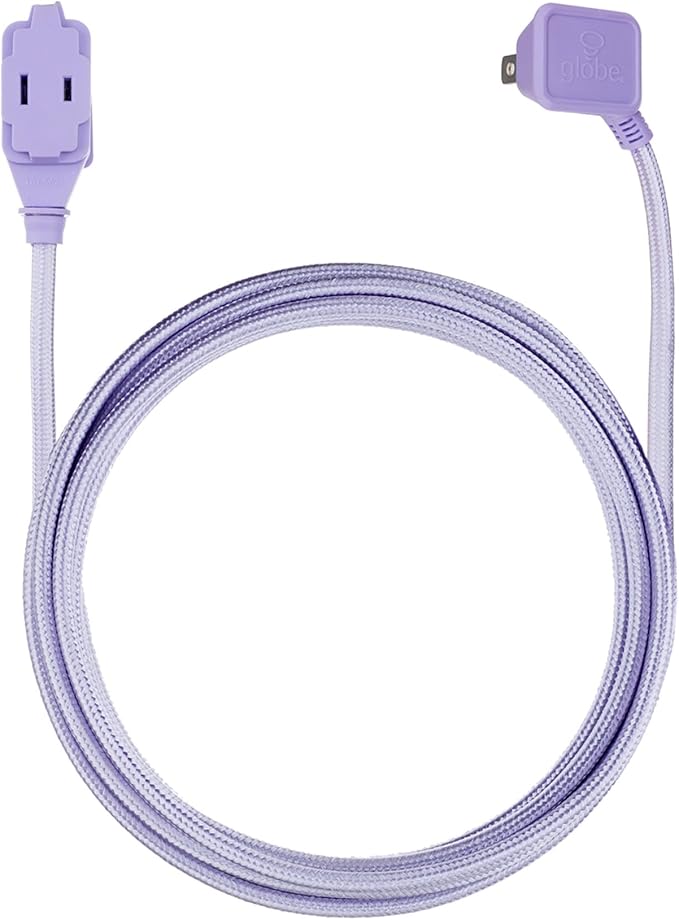 GLOBE Electric 22892 Designer Series 9-ft Fabric Extension Cord, 3 Polarized Outlets, Right Angle Plug, 125 Volts, Metallic Purple