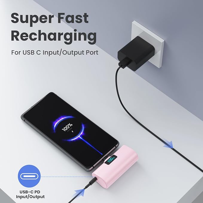 Mini Portable Charger USB C Power Bank,Upgraded 5500mAh PD Fast Charging Battery Pack Built-in USB-C Connector Travel Essential for iPhone17/17Pro/17Pro Max/Air/16 Plus/16Pro Max/15 Series -Pink