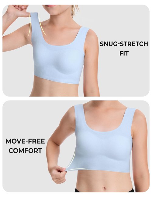 BOOPH Girls Training Bras Kids Seamless Bras Longline Crop Fixed Pads Bra Chest Double Lined for Teen Girl Sports - Skin Pink Blue White 9-11Y