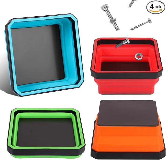 Upgrade Collapsible Magnetic Parts Tray Set-4 Pack Magnetic Tool Trays for Screw Bolts Nuts Washers Pins & Small Metal Parts, 4.5” Square Silicone Bowls with Magnetic Base(4 Color)