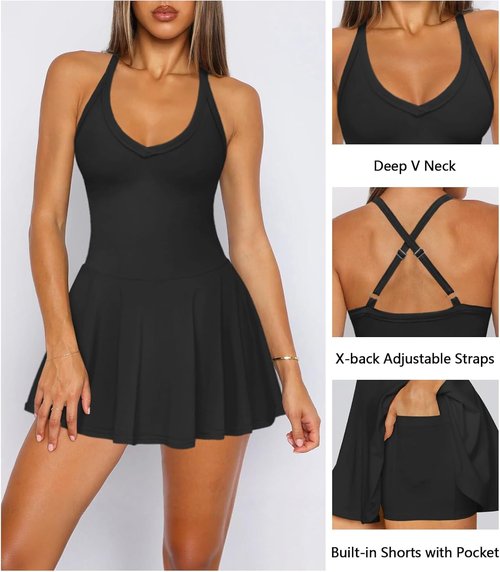 Hragc Women's V-Neck Tennis Dress - Summer Active Mini Dress with Pleated Design & Pockets