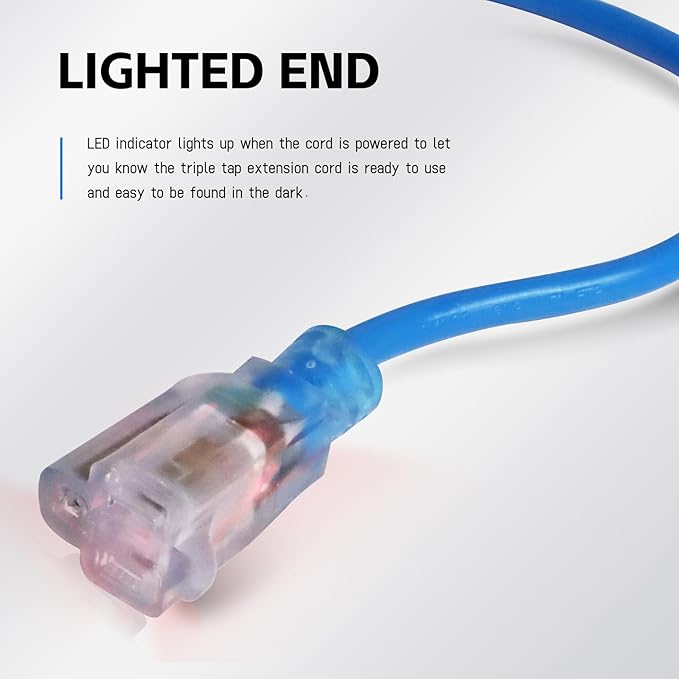 EP 15 Ft Outdoor Extension Cord, 12/3 SJTW Heavy Duty Waterproof Power Cable, 3 Prong Grounded Plug, Lighted End, for Lawn, Garden, Appliances, Blue