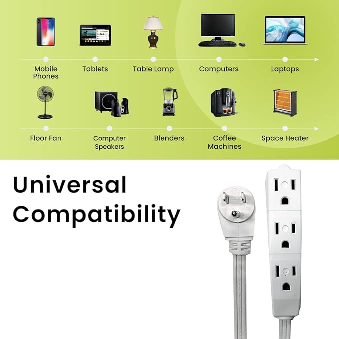 Power By GoGreen Go Green Power Inc. 15ft Extension Cord with 3 Outlets, White - Compact, Flush-Fit Design, Heavy Duty, Grounded Plug - Ideal for Home & Small Appliances - GG-19615
