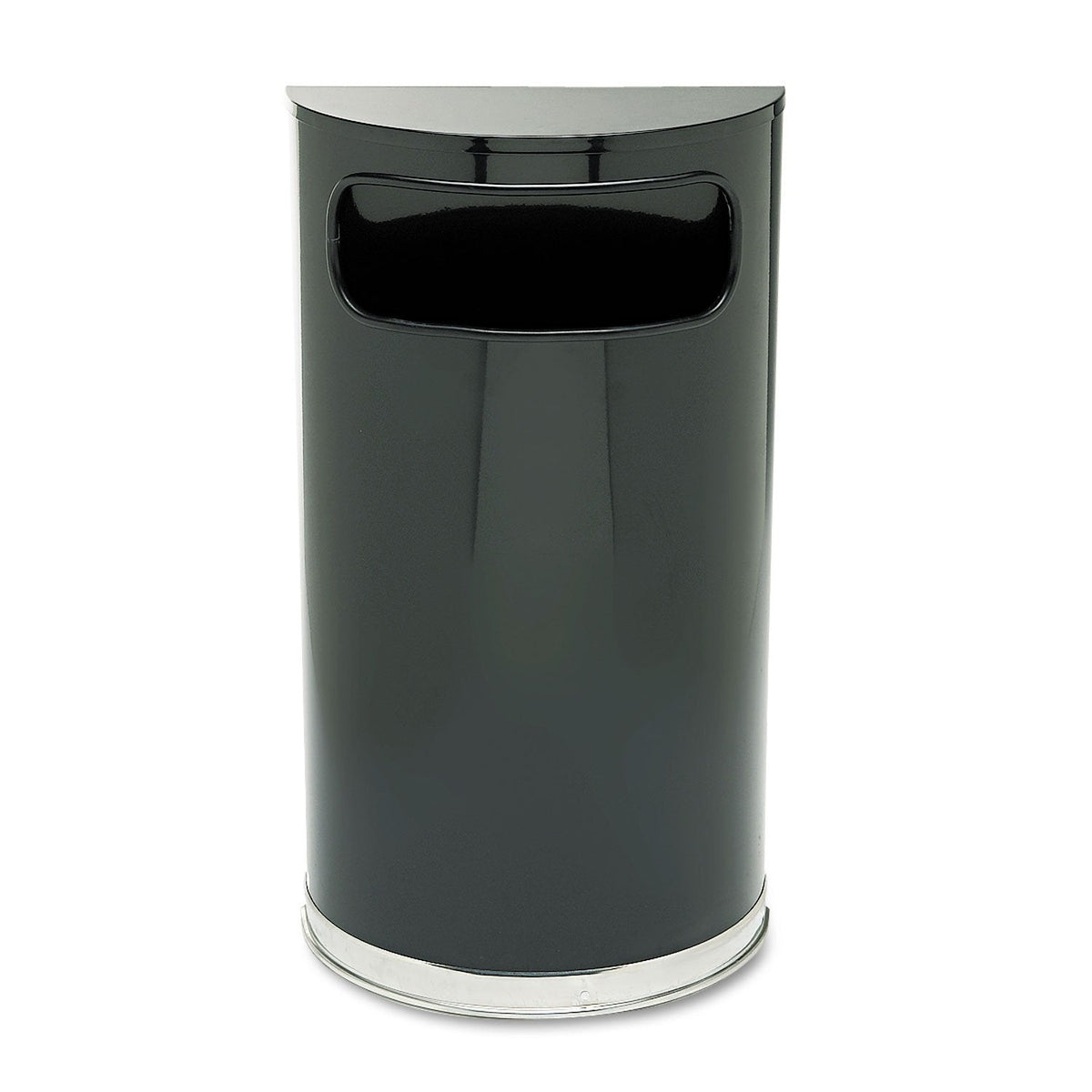 Rubbermaid Commercial Products European & Metallic Series Receptacle Half-Round Trash Can, 9-Gallon, Black/Chrome, Side Opening Indoor/Outdoor Waste Container for Lobby/Office/School/Restaurant