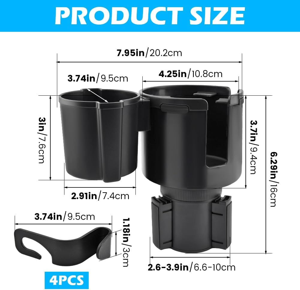 Car Cup Holder Expander, 2-in-1 Cup Holder Adapter with Expandable Base, Fits Large Water Bottles & Mugs in 2.2"-4.2" (10-48oz), 4 Car Seat Headrest Hooks Included