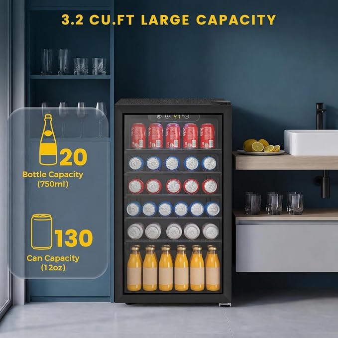 COWSAR Mini Fridge Cooler, 130 Can Beverage Refrigerator with Glass Door, ETL Approved Wine Fridge with Digital Temperature Control, LED Light, Reversible Door for Home, Office, Bar - 3.2 Cu.Ft