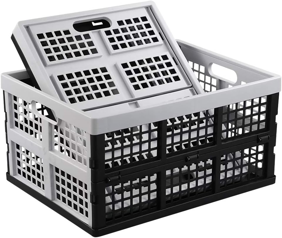 Hespama 35 Quart Folding Baskets, Plastic Collapsible Milk Crate, 2 Packs