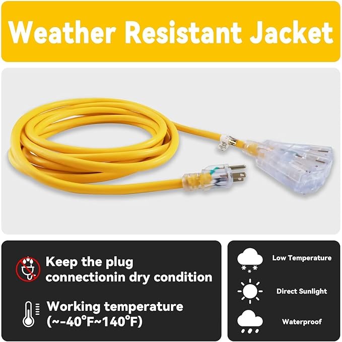 EP 25 Ft 12 Gauge Heavy Duty Extension Cord, 15A 125V 1875W, 3 Outlet Indoor/Outdoor Power Cord with Lighted End, 12/3 SJTW Weatherproof Yellow