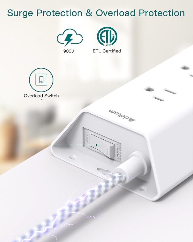 Surge Protector Power Strip 15 ft, Addtam Flat Plug Extension Cord with 4 USB Wall Charger(2 USB C Port), 9 Widely Outlets Desk Charging Station, Home Office and College Dorm Room Essentials