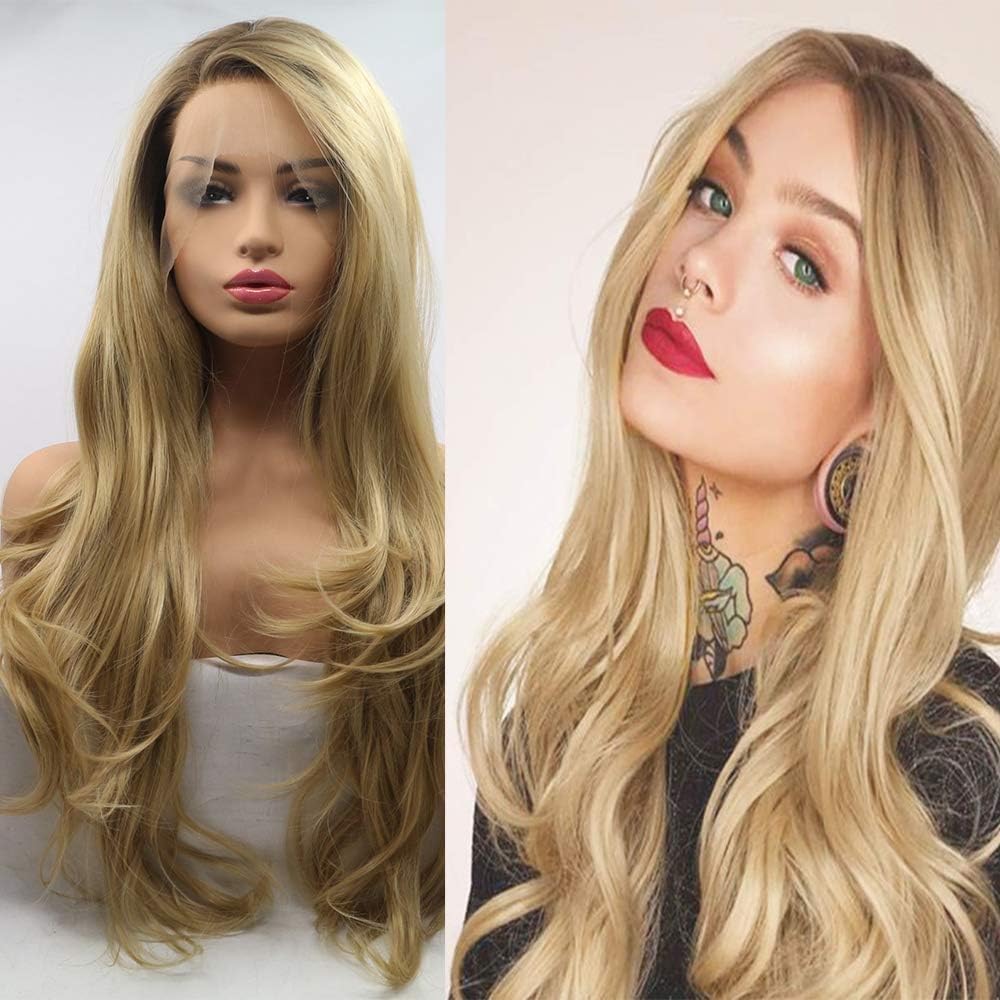 Xiweiya Ombre Blonde Synthetic Lace Front Wig For Women Natrual Look Dark Roots Body Wave Hair Heat Resistant Fiber Wigs 24 Inch