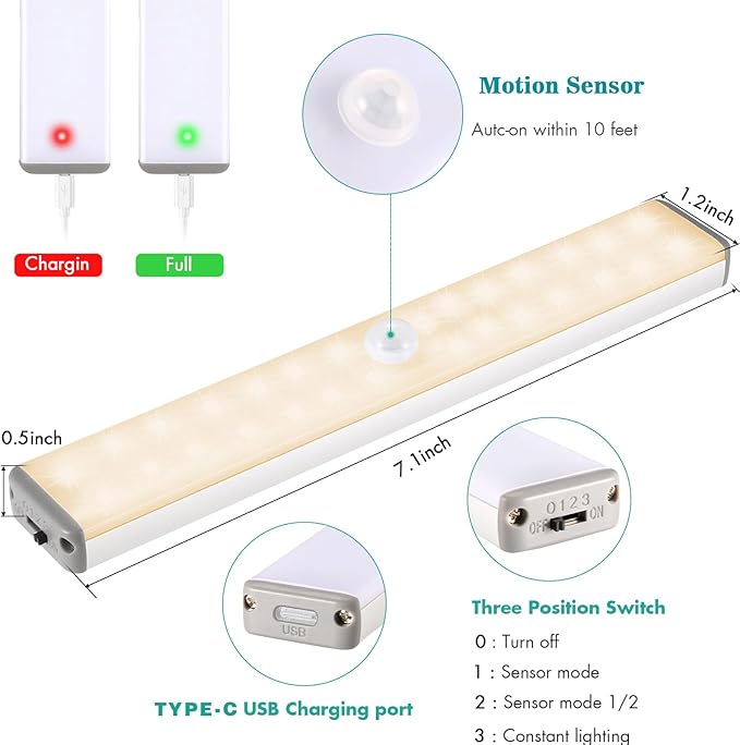 LED Closet Light, 28LED Dimmer Rechargeable Motion Under Cabinet Lighting Stick-Anywhere Night Light for Stairs,Wardrobe,Kitchen,Hallway