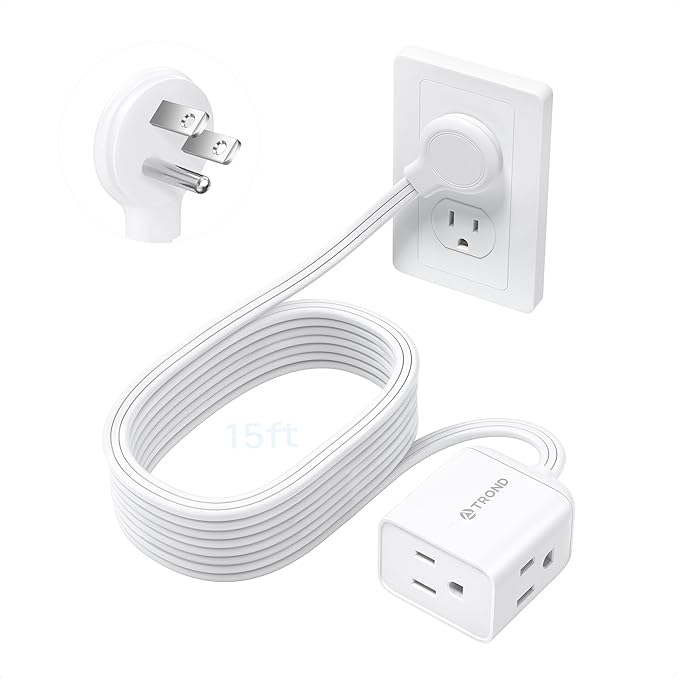 TROND Flat Extension Cord 15ft - Left Angled Flat Plug Power Strip, ETL Listed, 3 Plug Extension Outlets, Three Prong, SPT 16/3 Gauge, 13A, Compact for Tight Spaces Indoor Home Office Kitchen, White