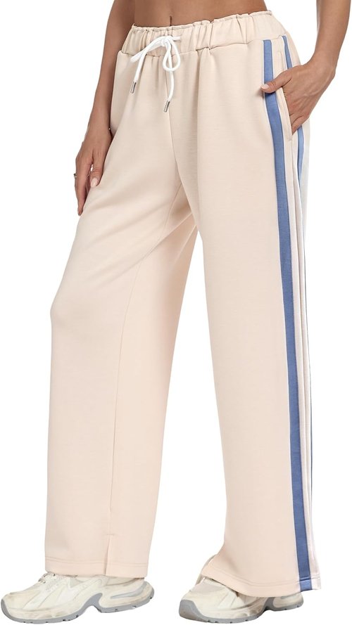 KevaMolly Women's Wide Leg Sweatpants - High Waisted, Side Striped Baggy Joggers | Comfortable Lounge Pants