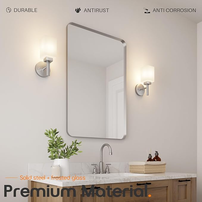 Bathroom Light Fixture Brushed Nickel Vanity Lighting with White Frosted Glass Shade, Wall Lamp for Mirror Kitchen Bedroom Living Room Porch T002BR-L1