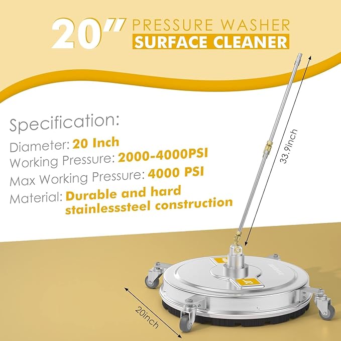 EVEAGE 20" Pressure Washer Surface Cleaner, Power Washer Surface Cleaner with 4 Wheels, Stainless Steel Housing Power Washer Accessories with 2 Extension Wand, 2 Replacement Nozzles (20inch-2)