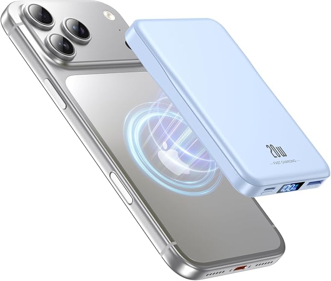 Aobbow Magnetic Portable Charger, 10000mAh for Magsafe Battery Pack, 20W Fast Charging Power Bank, Travel Essential of Wireless Charger Compatible with iPhone 17/16/15/14/13 Pro/Max/Air/Plus-SkyBlue