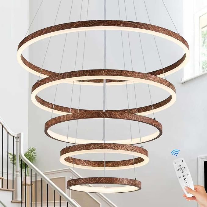 Modern LED Ring Chandelier 5-Light Chandelier Wood Grain Dimmable Round Foyer