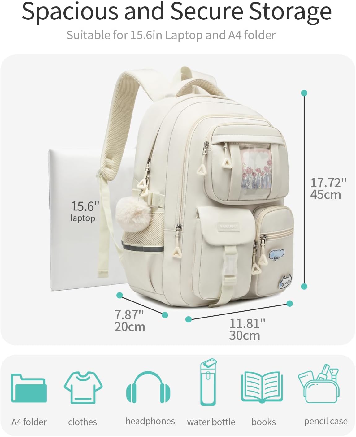 Skiennix School Backpack - Cute 15.6in Laptop Bag for Teen Girls | Aesthetic Beige Bookbag