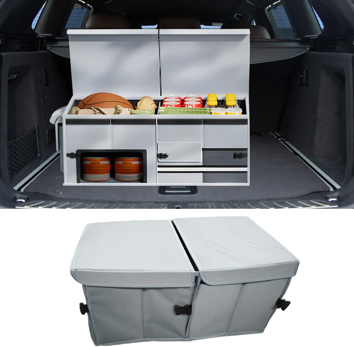 Car Trunk Organizer, Collapsible Multi Compartment Car Storage Box with Lid & Reinforced Handles, Adjustable Waterproof Storage Organizer Accessories for SUVs Cars Trucks (Black)
