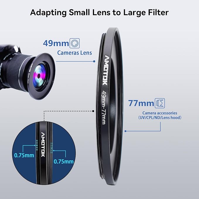 49mm Lens to 77mm Camera Lens Adapter, 49mm to 77mm Filter Step-Up Adapter Ring