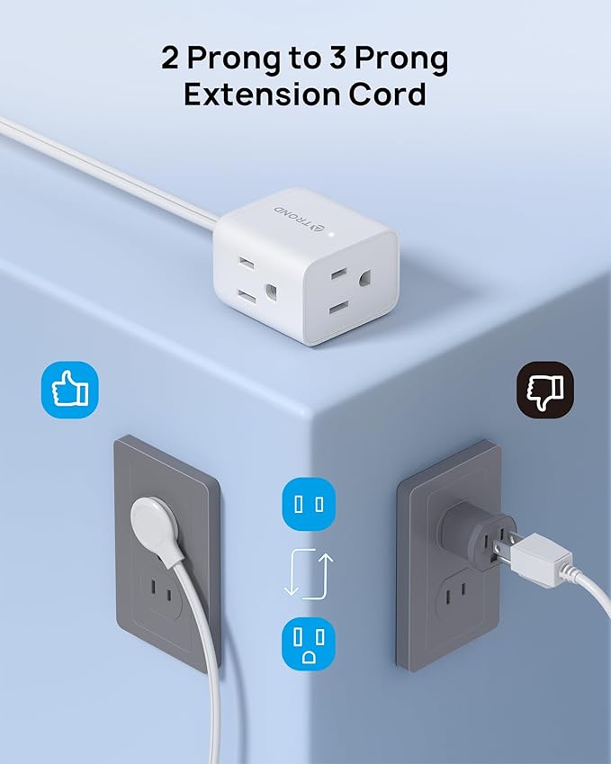 TROND Indoor 2 Prong to 3 Prong Extension Cord - Polarized Flat Plug 3 Outlet Extension 15ft, 16 Gauge Cable, 1625W for Non-Ground Socket in Old House School Home Office Kitchen Dorm Room, White