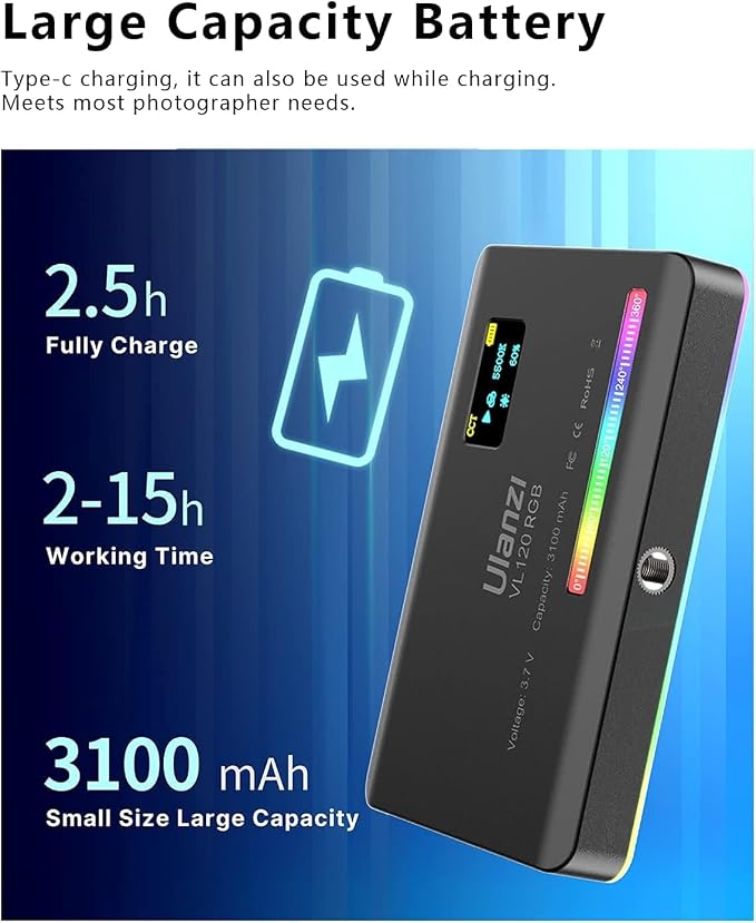 ULANZI VL120 RGB Video Light, Pocket LED On-Camera Video Lights, Built-in