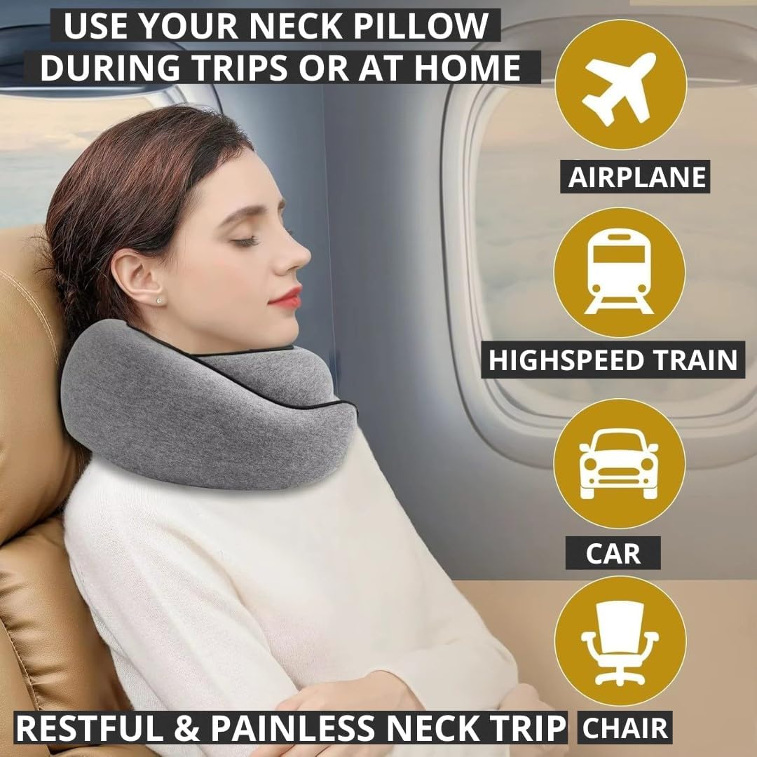 Neck Pillow | Compact Travel Pillows for Airplanes, Car Trips and Home Comfort| Foldable Memory Foam Neck Support | Size Adjustable for Adults and Kids | Lightweight (0.60 Pounds) and U-Shape Design
